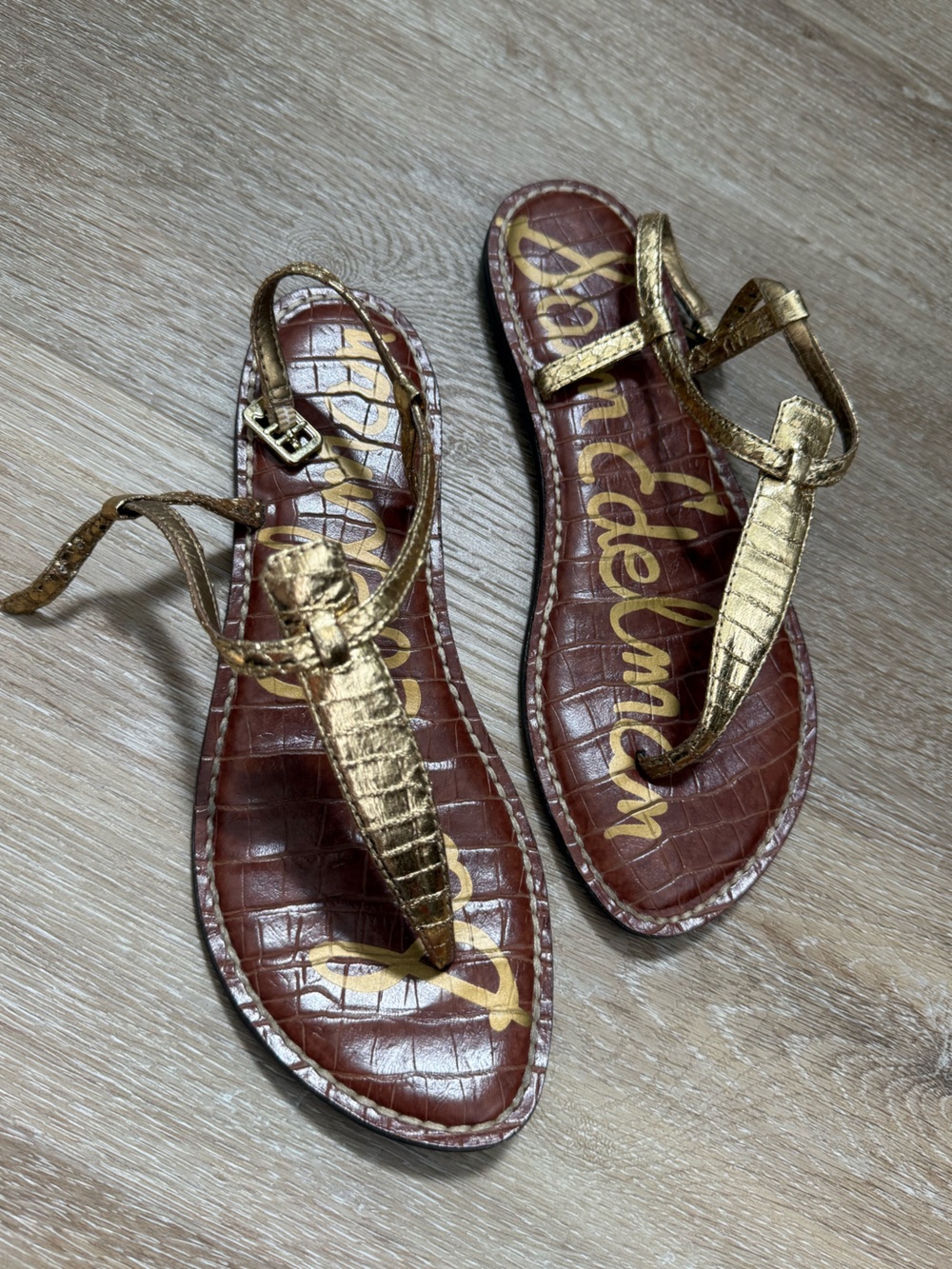Sam Edelman Gold Leather T-Strap Sandals